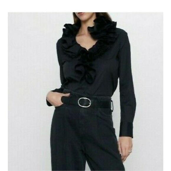 Zara Tops - ZARA Black RUFFLED POPLIN SHIRT Blouse Size Small